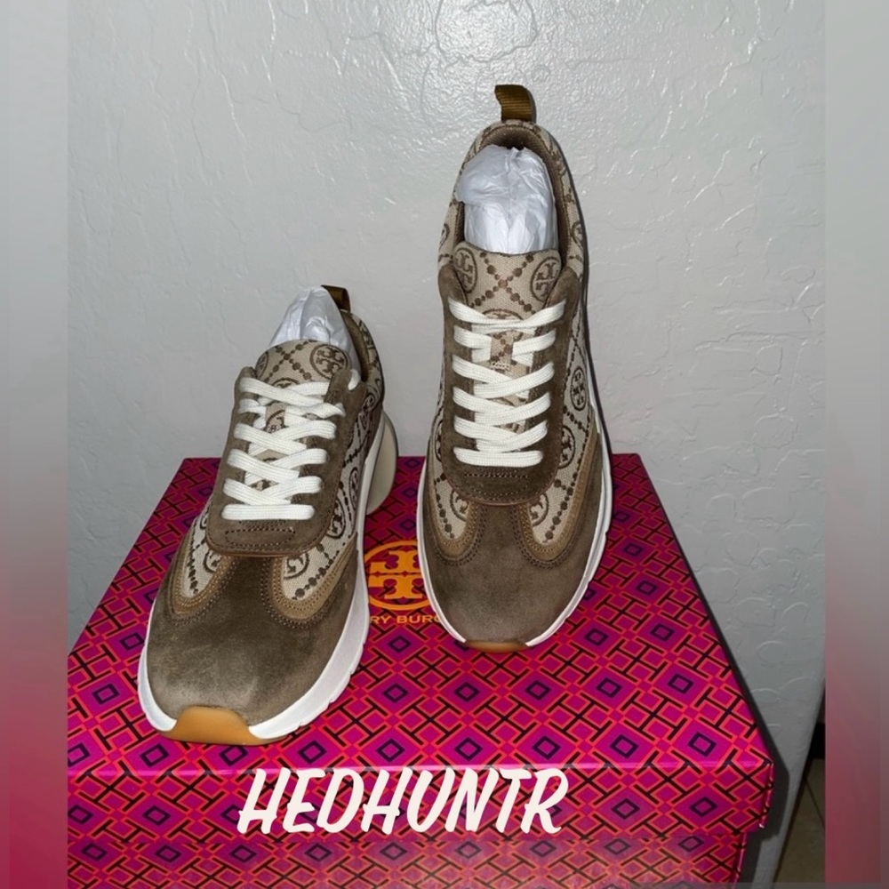 🎉HP🎉New! Tory Burch Good Luck Monogram Suede Sneakers- Hazel Size 8.5M👟 - Picture 2 of 9